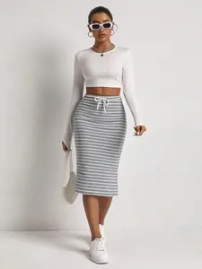 Spring Summer Casual Women's Adjustable Drawstring Striped Knit Side Slit Skirt, Stylish Half-Length Dress for Daily Wear, Comfortable & Trendy Design