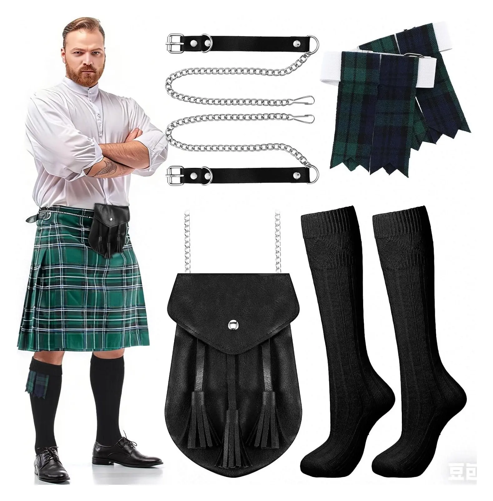 3 Pcs Men's Scottish Kilt Accessories Set - Traditional Tartan Hose Socks, Flashes & Sporran (Kilt Not Included)Gift