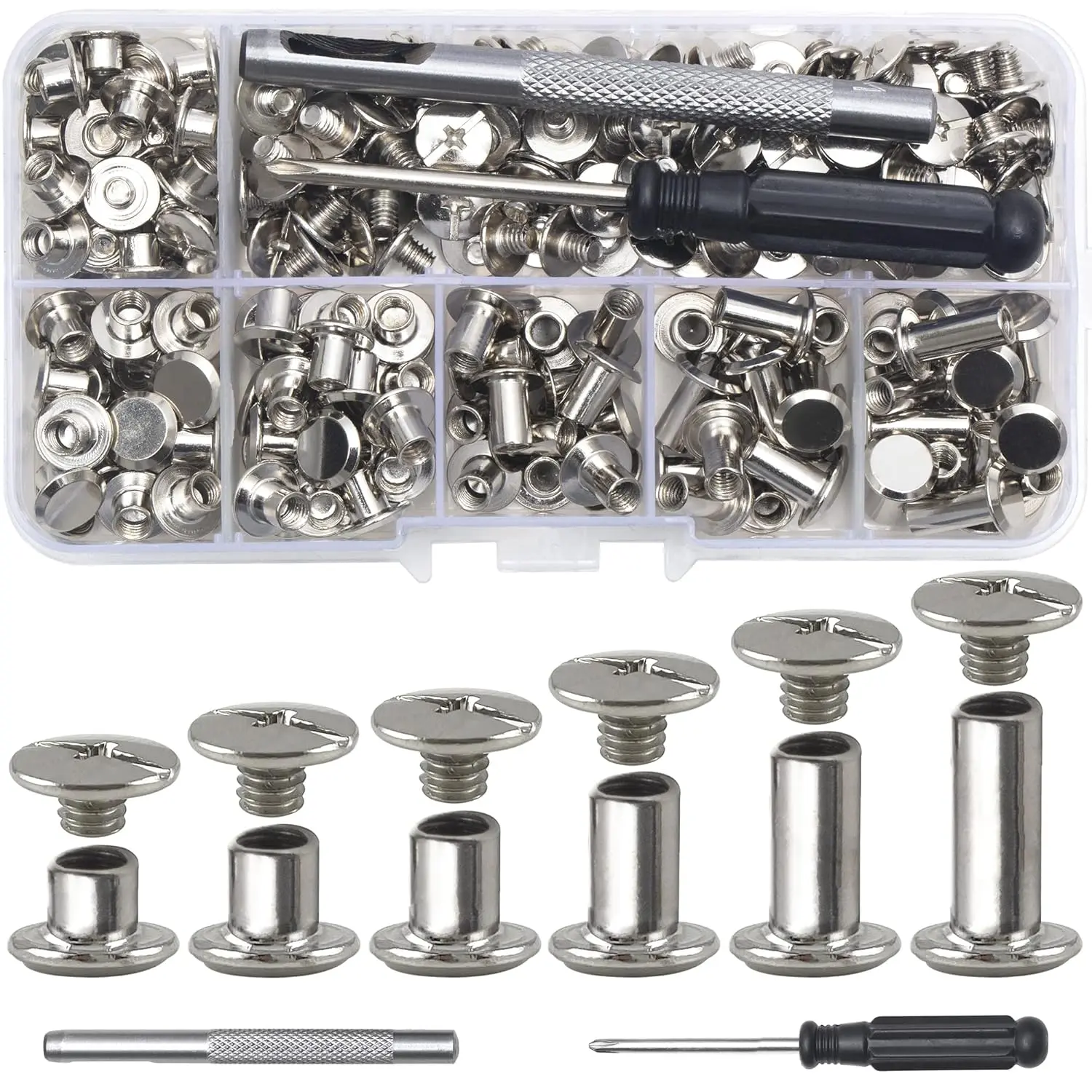 110Sets Chicago Screws Leather Rivets Assorted Screw Rivets Chicago Binding Screws for Decorate and Repair Leather Craft Belt Bag Shoes Purse Bookbinding (, M5*4,5,6,8,10,12)