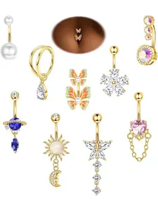 9Pcs 14G Belly Button Rings for Women Surgical Stainless Steel Belly Ring Cute Navel Rings Butterfly Flower Heart Double Hoop Dangle Belly Button Ring Set