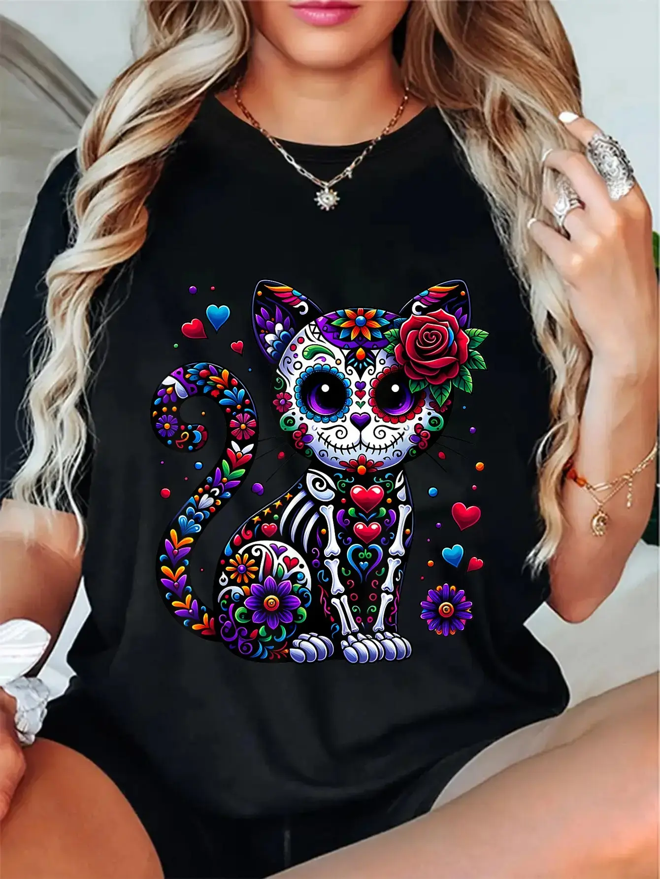 Women's Graphic T-Shirt with Vintage Sugar Skull Cat Print, Cotton Dia de los Muertos Round Neck Everyday Tee