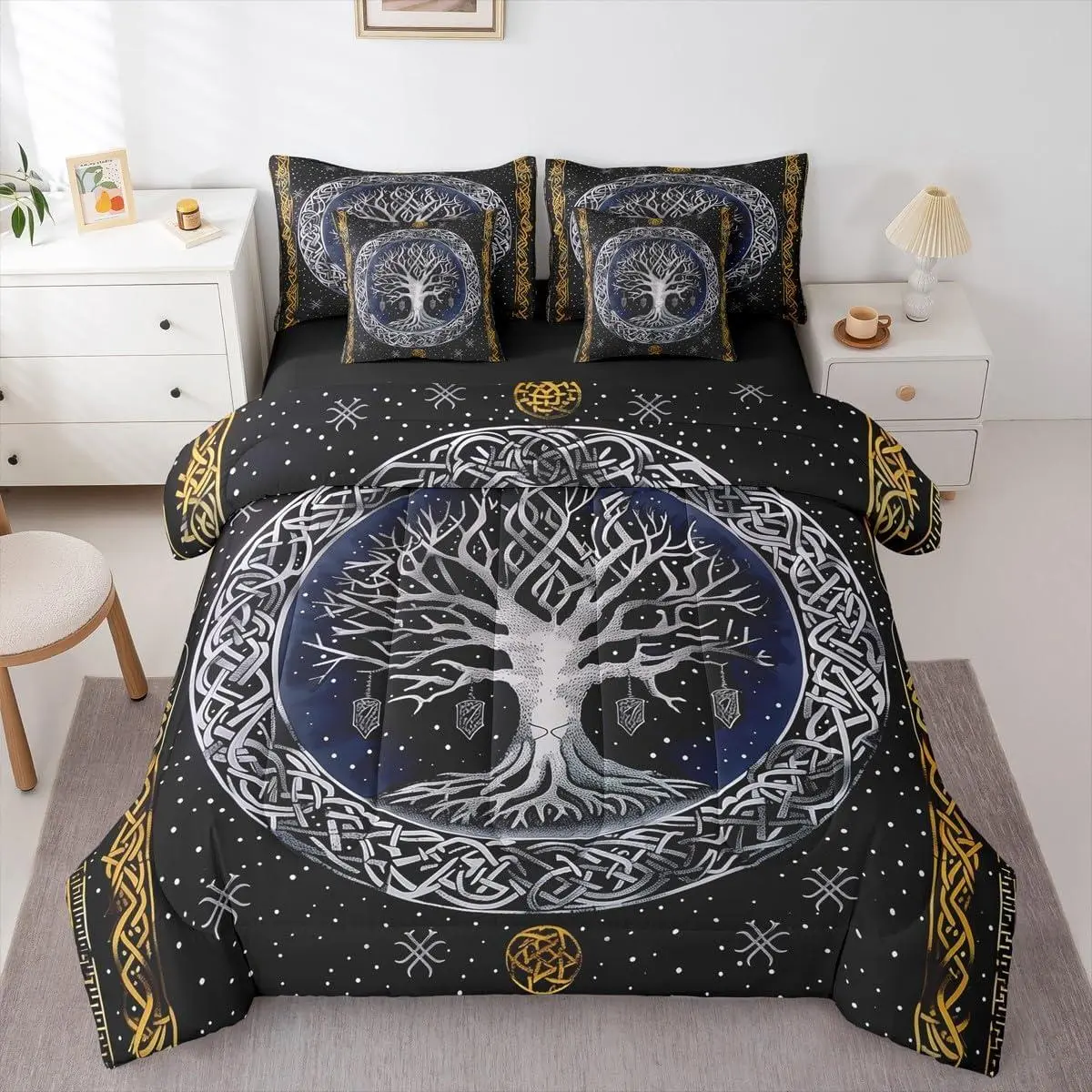 Geometric Tree of Life 7-Piece Bedding Set Vintage Vi Tree Bed in a Bag Ancient Norse Vi Comforter Set with Sheets Ethnic Tribal Nordic Style Duvet Insert