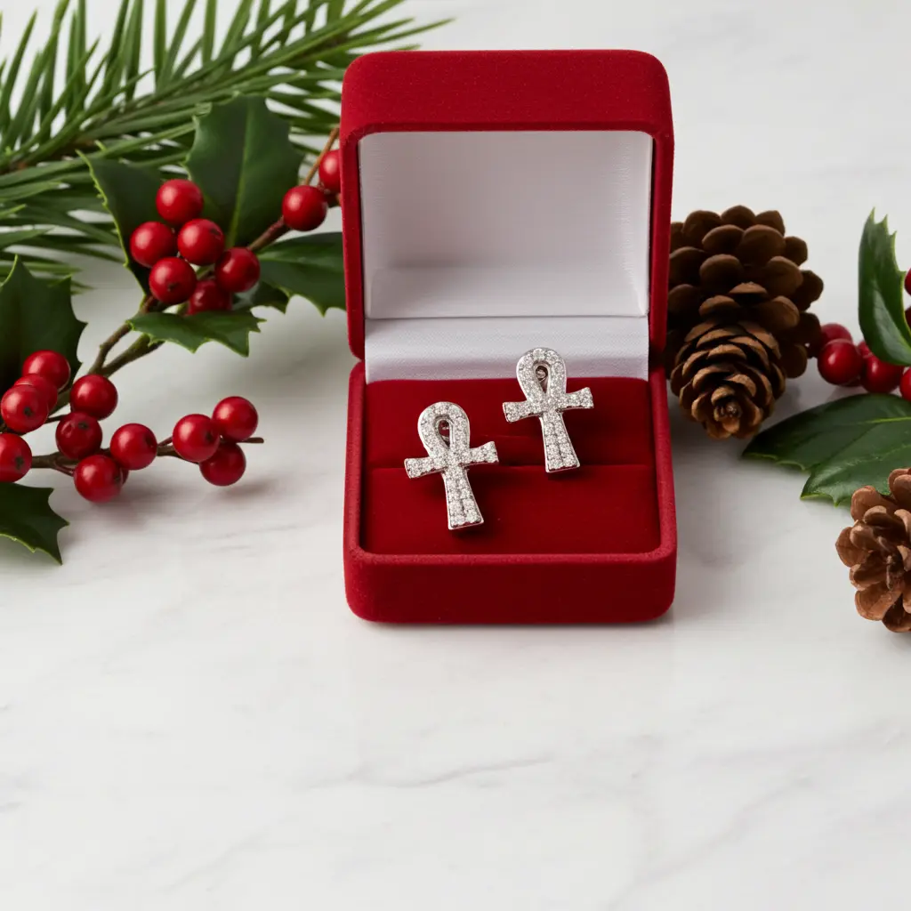 King of Bling's 925 White Silver 0.25ct VVS 'D' Moissanite Ankh Stud Earring Men's/Womens