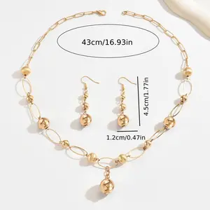 2pcs Unique Women'S Golden Bead Necklace And Earring Set, Suitable for Daily Matching And Holiday Gifting