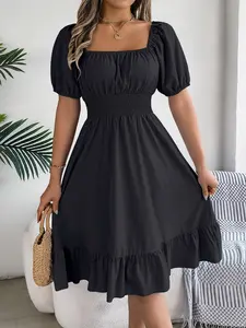 Women's Plain Ruffle Hem Shirred A Line Dress, Casual Fashion Dress, Casual Puff Sleeve Square Neck Knee Length Dress for Summer, Women's Clothing for Daily Wear