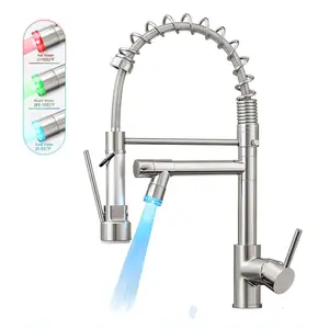 LED Kitchen Faucet Pull Down Sprayer Single Handle Dual Outlet Swivel Mixer Tap