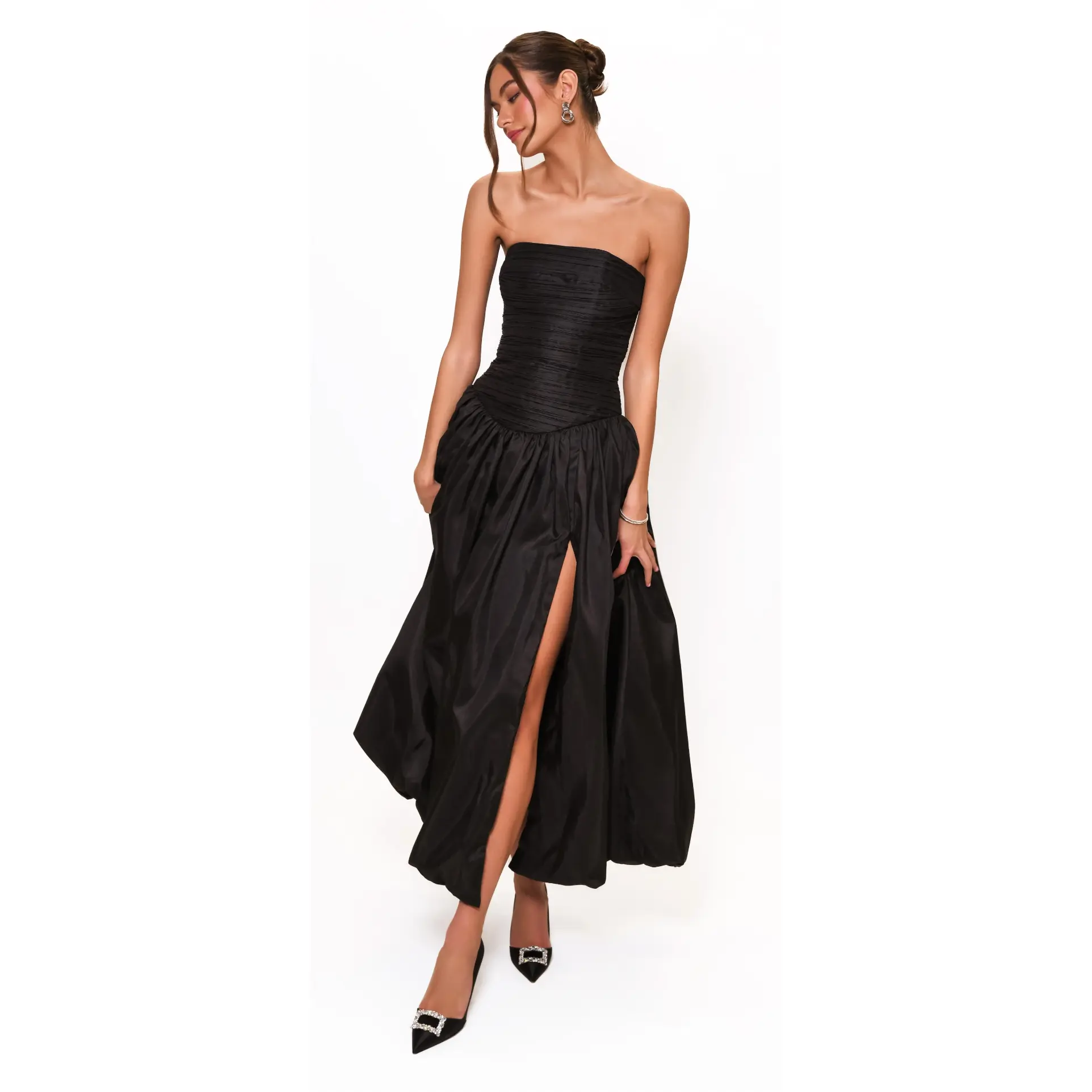 Strapless Ruched Bubble Maxi Dress, Black