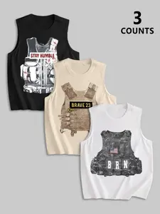 Men's 3-Piece Summer Round Neck Sleeveless T-Shirt Set, Bulletproof Vest Design, Military & Functional Style, Casual Streetwear