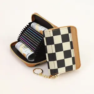Women’s upgraded high-quality fabric fashion minimalist checkered small wallet with multiple card slots for bank cards; portable and compact design with a detachable wrist strap; gold-tone accents; ideal as a carry-anywhere small item.