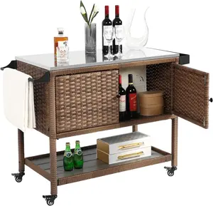 Outdoor Bar Cart with Storage Cabinet, 47''Outdoor Storage Cabinet,Outdoor Kitchen Wicker Island Rolling Cart, Wheels & Side Handle, Patio Bar Serving Station Rattan