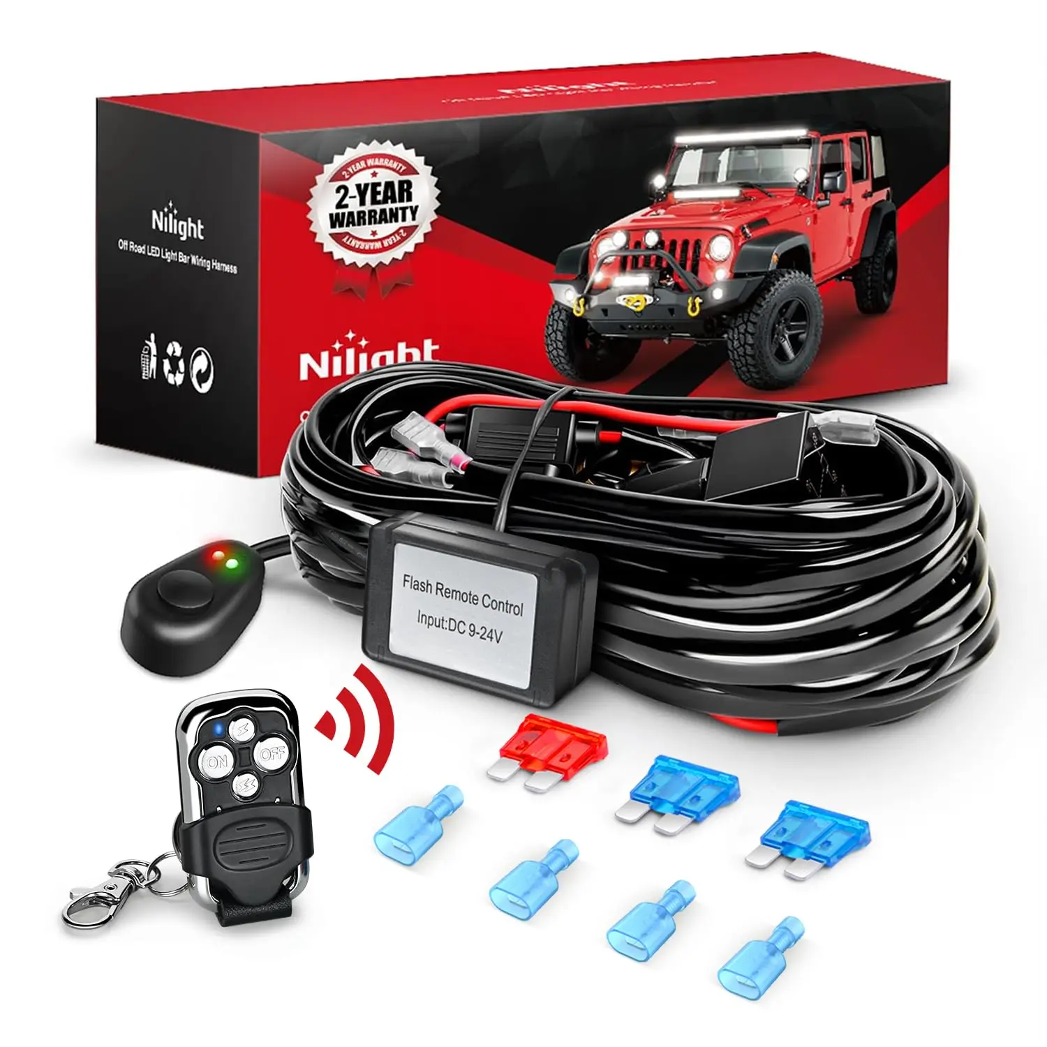 Nilight 12V/15A Harness Kit for LED Light Bar - Automotive Relay, 16AWG-2 Lead Remote +Flash, Waterproof Control Box with Waterproof Cap, Inline Blade Fuse, Wireless Ctrl Mouse-Style On-Off Flash Switch, Black Automotive Accessory