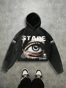 Men's Cotton Eye Pattern Hoodie, Casual Loose Fit Long Sleeve Sweatshirt, Fashionable Spring & Fall Pullover, Daily Wear Top, Casual Hooded Sweatshirt, Graphic Hoodies