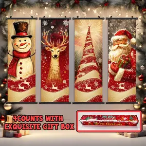 4-Piece Christmas Wall Art Set, Deer Background, Festive Home Decor Posters, High-Quality Print, Waterproof, Gift Box Included
