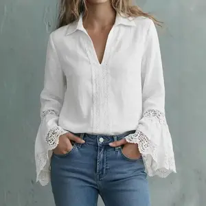Elegant Cotton Blouse With Lace Trim And A Pullover Design