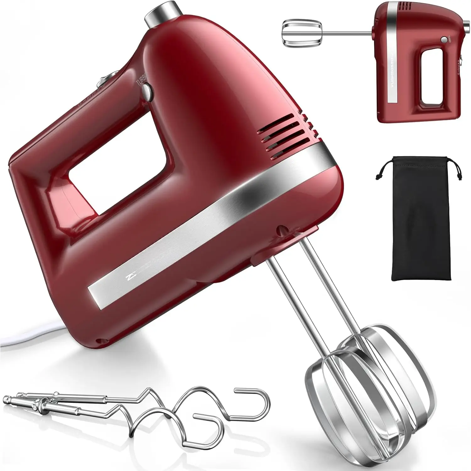 Electric Hand Mixer,  300W Hand Mixer Electric Handheld with 304 Beaters, Dough Hook, Hand Held Mixer with Turbo for Baking Cakes, Eggs, Cream (Red)