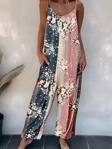 Women's Floral Print Pocket Backless Spaghetti Strap Cami Jumpsuit, Casual Boho Sleeveless Wide Leg Jumpsuit for Daily Wear, Ladies Clothes for All Seasons