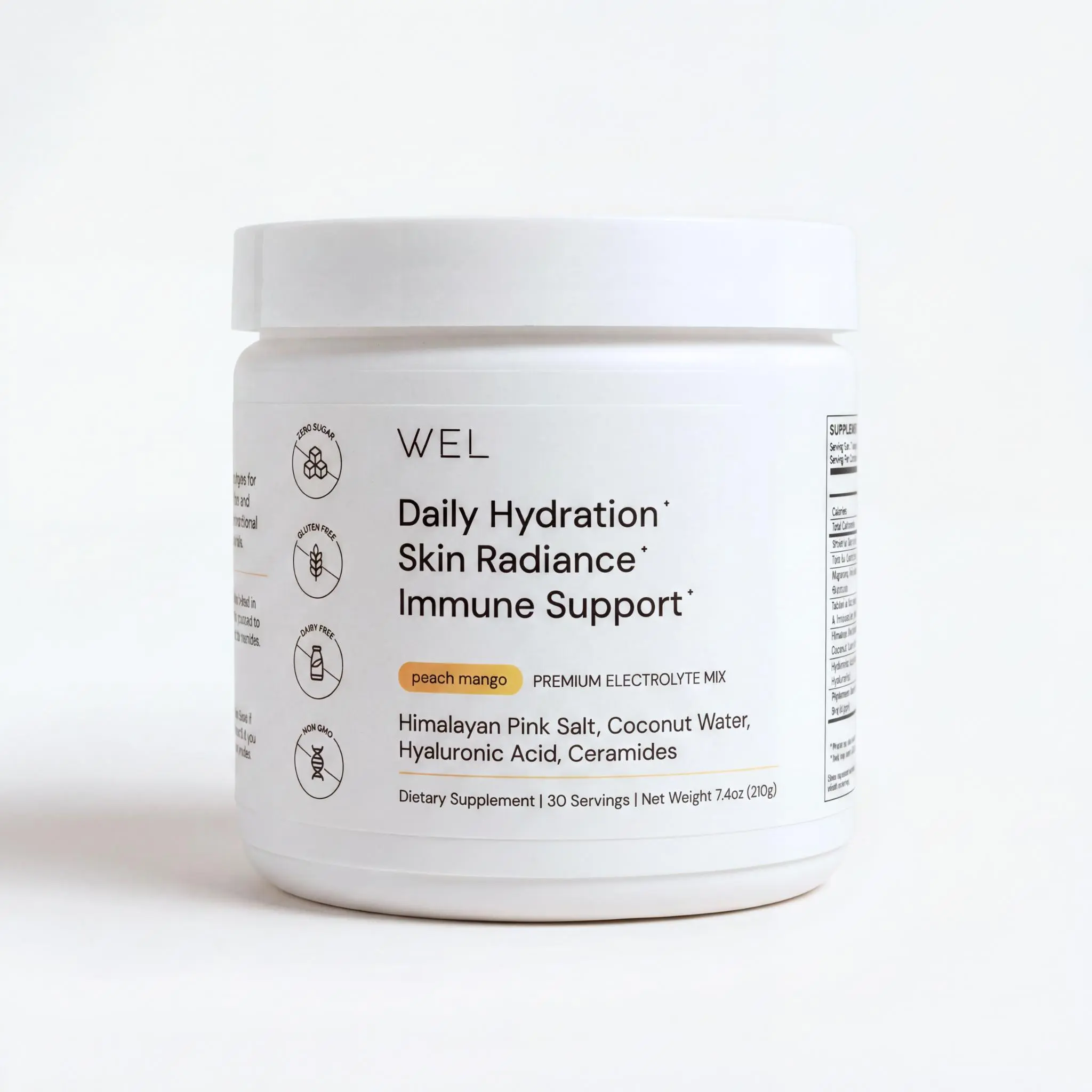 WEL Electrolyte Powder for Skin Hydration with Hyaluronic Acid, Ceramides & Vitamin C - Peach Mango