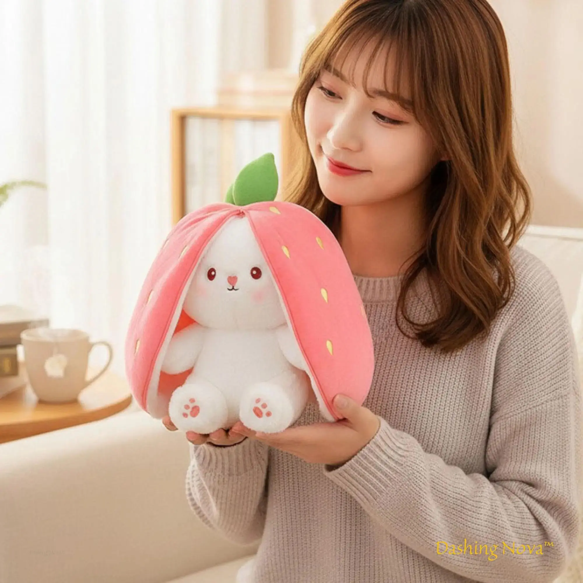 Reversible Strawberry Bunny Plush Toy - Soft Kawaii Transformable Hide-and-Seek Stuffed Animal, Home Decor Collectible for Kids' Birthday Gifts