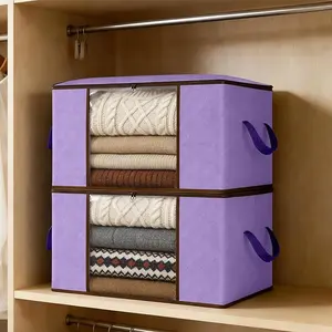 2 Pack Large Storage Bags with Handle, Foldable Closet Containers, Large Clothes Storage Bins, for comforter Clothing Blanket Organization, Purple