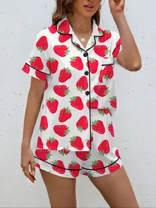 Women's Strawberry Print Sleepwear Set, Casual Fitted Collared Short Sleeve Top & Elastic Shorts, All-Season Home Wear Loungewear, Cute Style