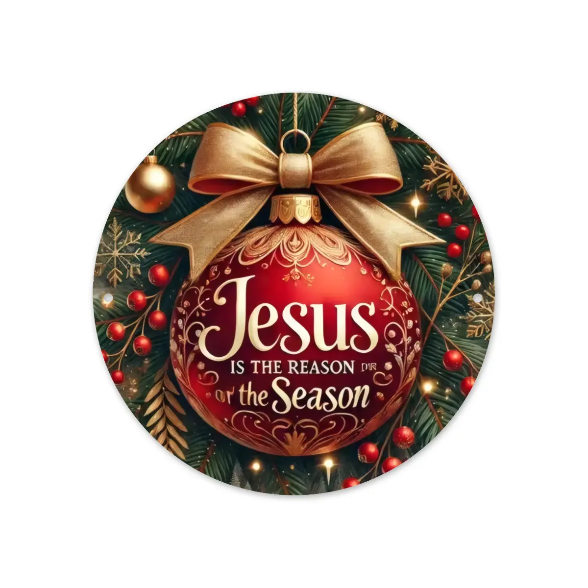 1pc Vintage ' is the Reason for the Holidays' Christmas Wreath Wall Decoration| 8x8inch Heavy Iron Religious Sign with Golden Bow, Red Berries, Pine Cones and Green Leaf Hooks - Suitable for Home, Ch
