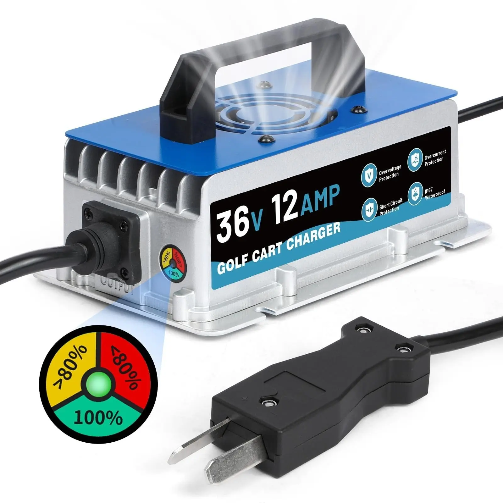 36 Volt 12 AMP Golf Cart Charger Compatible with Club Car, EZGO, and Yamaha - IP67 Waterproof