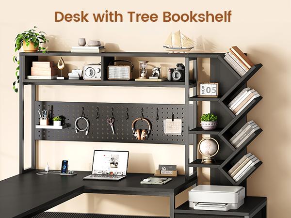 SEDETA L Shaped Gaming Desk with Hutch, Convertible 97.6" Two Person Office Desk with Drawers and Bookshelf, Corner Computer Desk with Power Outlet, LED Lights, Pegboard