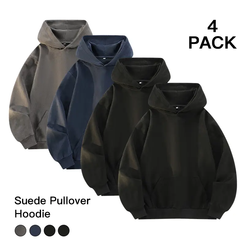 Men's Plain Long-Sleeve Suede Pullover Hoodies 4-Pack, Loose-Fit Menswear Tops for Daily Hangout, Gym, Autumn Winter Casual Outerwear