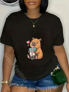 100% Cotton Unisex Cute Capybara Kawaii Anime Drinking Bubble Tea Lover T-Shirt
