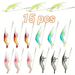 A Set of 15/12 Pcs Saltwater Fishing Lures Shrimp Baits,Premium Soft Shrimp Fishing Tackle with Luminous Sharp Hooks,for Freshwater and Saltwater,Halloween Party Gifts,Hand Tools Kits