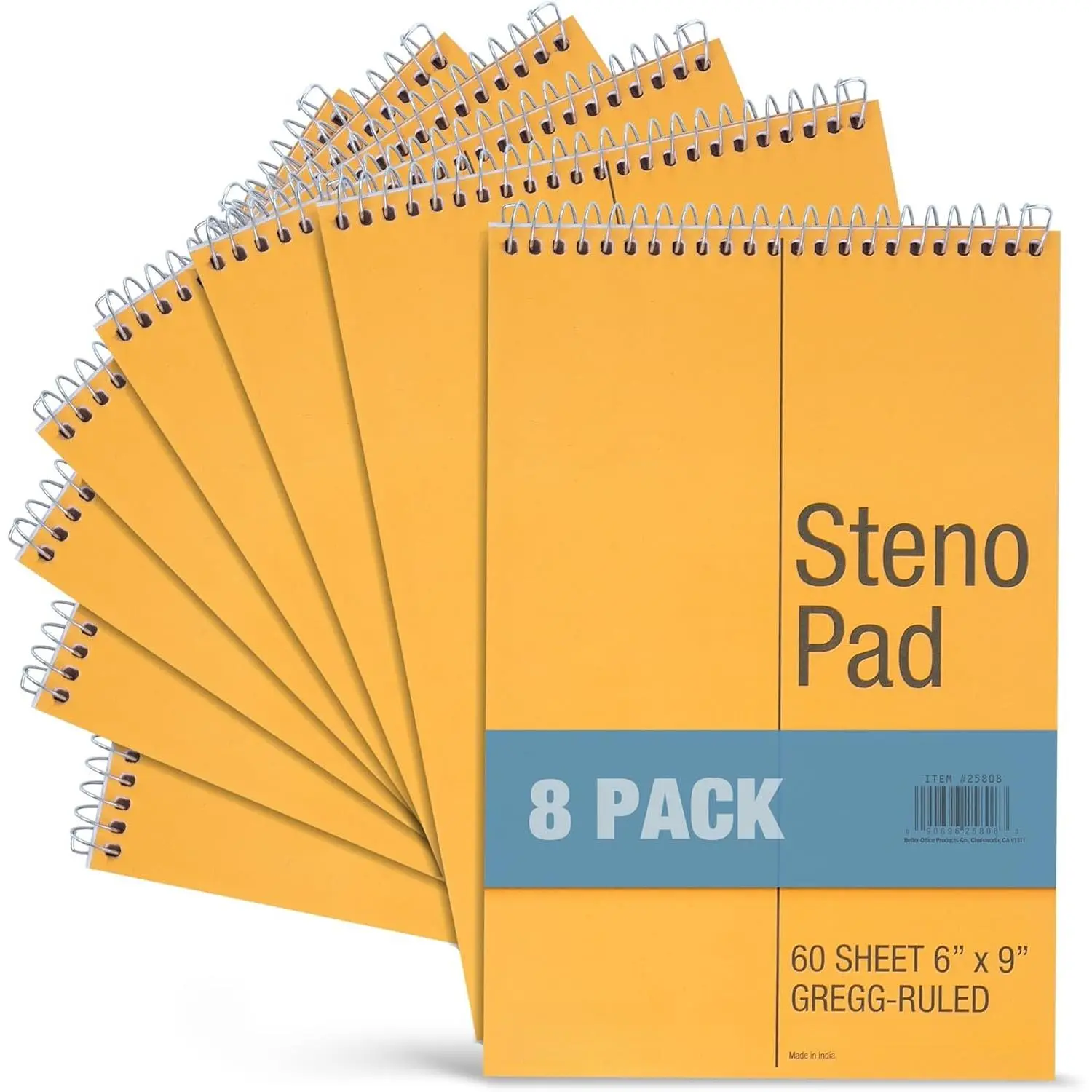 Spiral Steno Pads, 8 Pack, 6 x 9 inches, 60 Sheets, White Paper, Gregg Rule,  Board Cover, 8 Steno Notebooks
