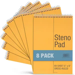 Spiral Steno Pads, 8 Pack, 6 x 9 inches, 60 Sheets, White Paper, Gregg Rule,  Board Cover, 8 Steno Notebooks