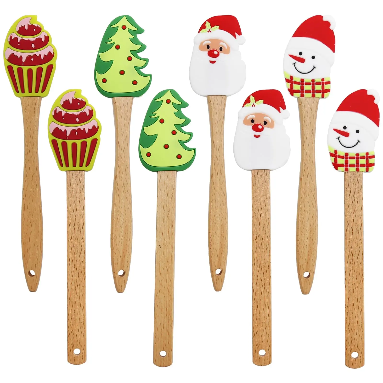 8PC Christmas Silicone Spatula Set - Wooden Handle Santa Design Bakeware, Non-Scratch for Baking, Cake Decor, Holiday Kitchen Gift for Bakers