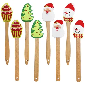 8PC Christmas Silicone Spatula Set - Santa Design Wood Handle for Baking, Cake Decor, Cooking Non-Scratch Xmas Dish Scrapers, Holiday Kitchen Gift for Bakers