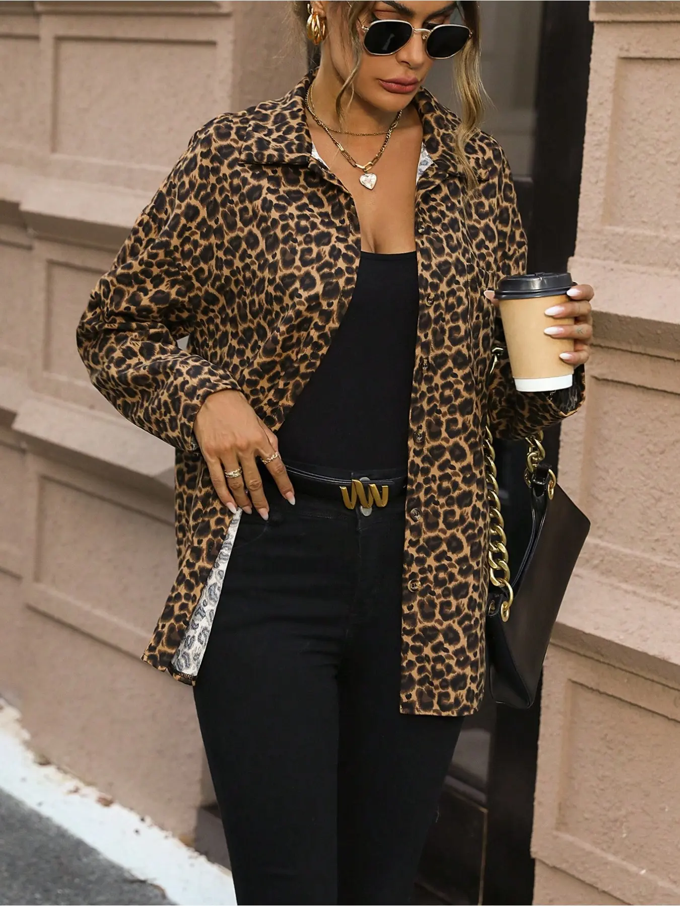 2025 Autumn and Winter Fashion Leopard Print Shirt Jacket Lapel Button Detail Design Casual Commuter All-match Women's Long Sleeve Shirt Jacket