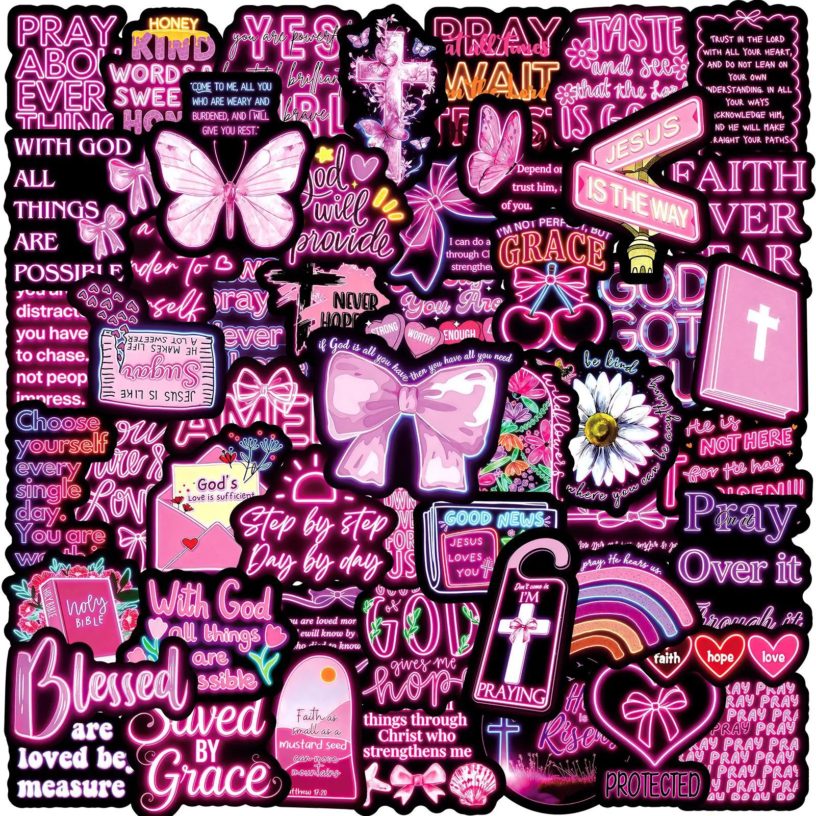 50PCS Neon Inspirational Stickers, Faith-inspired designs with positive words, great for journals, laptops, water bottles and cars, Perfect for decor, gifts, Car decorations, Car decorative sticker, Decal for cars