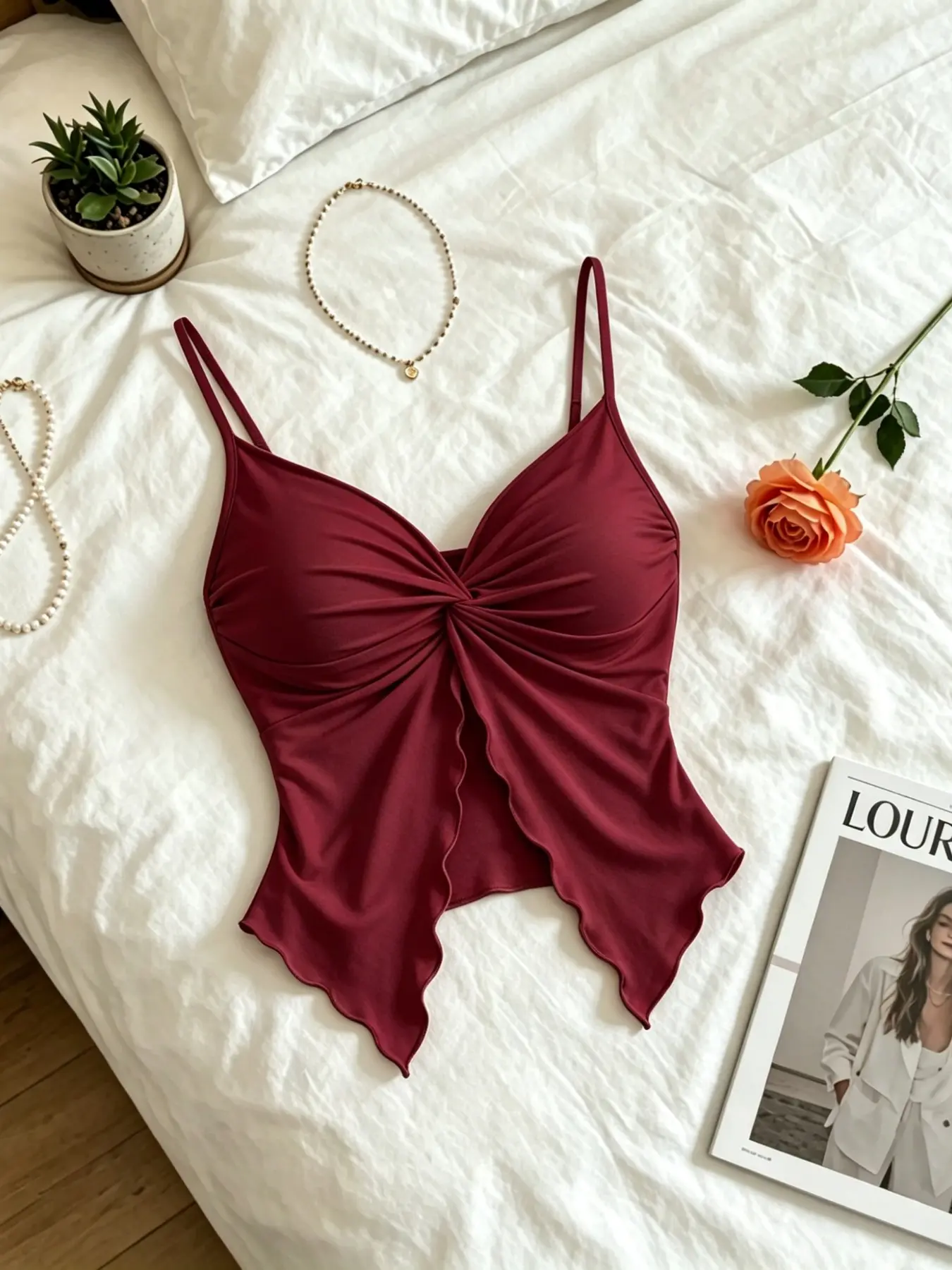 French Knot Braided Strap Top with Padded Bustier, Asymmetrical Hem Waist Cinch Crop Top, Multiple Colors Available, Sexy Casual Fashionable Spaghetti Strap Upper Garment, Underwear