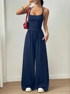 Women's Casual Ruched Loose Straight Leg Adjustable Romper Jumpsuit, Sleeveless, Adjustable Straps, Spring Summer Fashion, Comfortable and Stylish