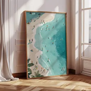 [SALE UP TO 50% + FREE SHIP] Tiny People Swimming Ocean Art Print  Minimalist Beach Scene Poster  Summer Coastal Wall Art