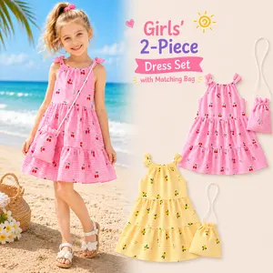 Girls 2pcs Dress Set, Pink Cherry and Yellow Lemon Print Sleeveless Dresses with Matching Crossbody Bags