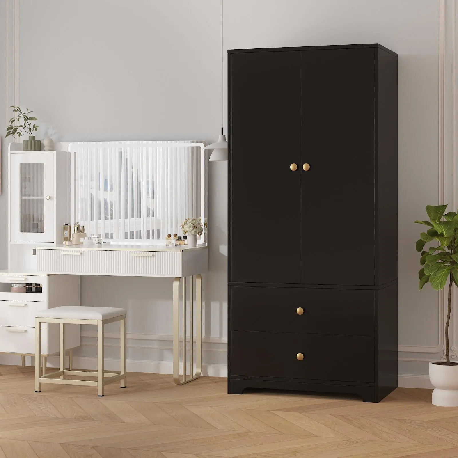 Wooden wardrobe closet, 71" wooden clothing storage cabinets with 2 doors, 1 adjustable shelf and 2 drawers, wardrobe cabinet with hanging rod for bedroom, gym, cloak room, black