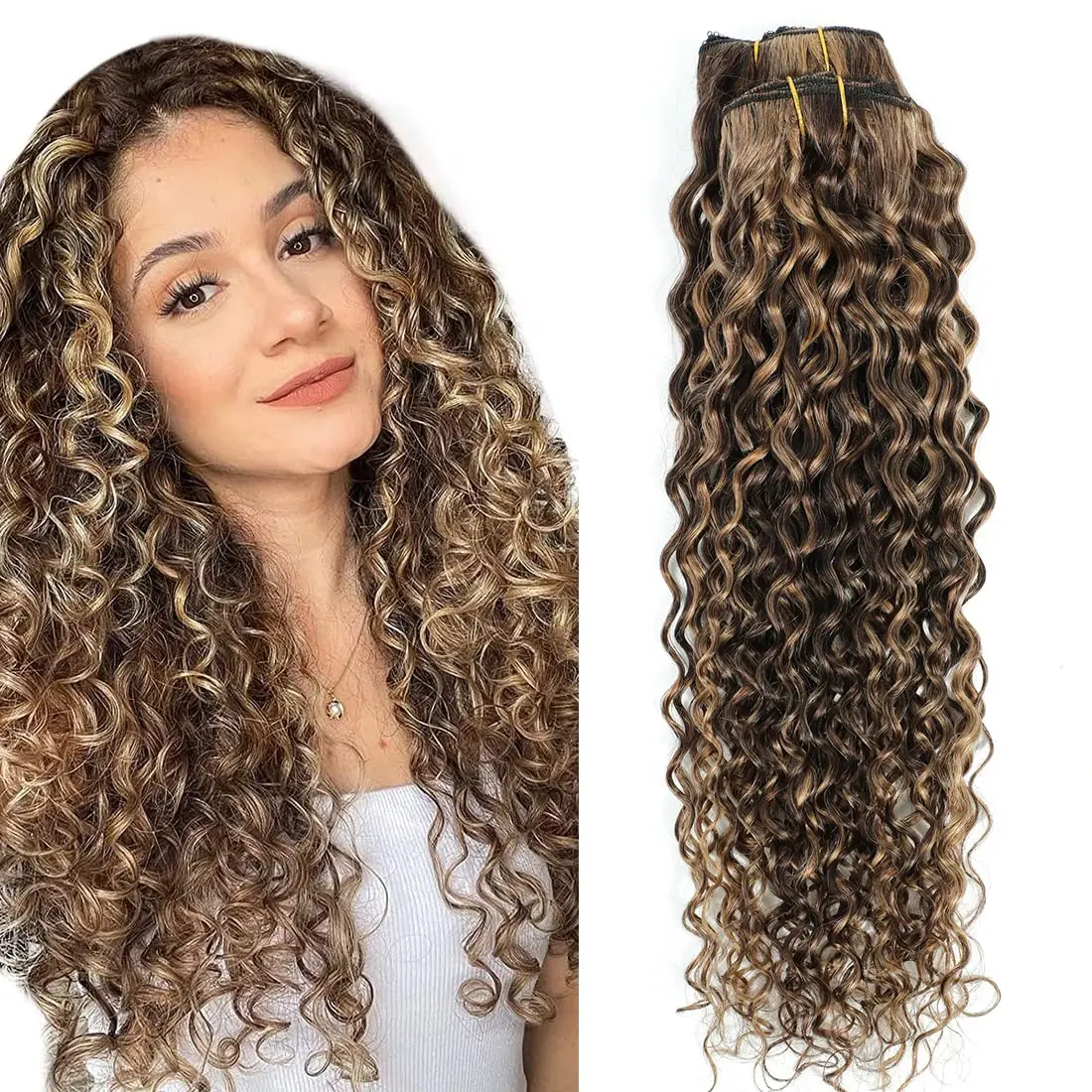 Urbeauty Natural Curly Hair Extensions Clip in 100% Human Hair Triple Weft Clip in Hair Extensions Wavy Hair Brown Highlighted Blonde Natural Curly Clip in Human Hair Pieces 10Pcs 120Gram Clip Ins 4/27