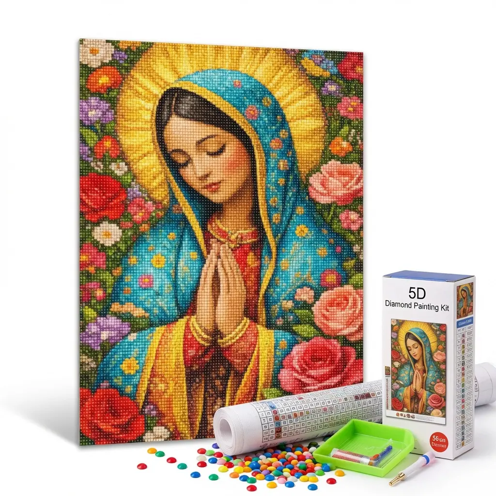 Virgin Mary Diamond Painting Kit for Adults, 5D Full Round Drill DIY Diamond Art, Religious Diamond Mosaic Craft Kit, Crystal Gem Painting for Christian Home Wall Decor & Gift, 12 x 16 Inch