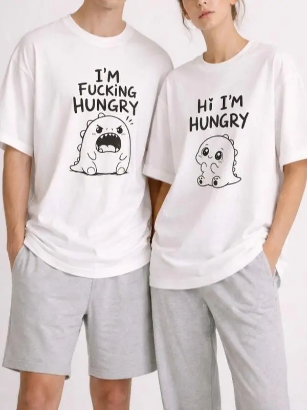 Funny Hungry Dinosaur Couple Matching Shirts Cute Unisex Graphic T-Shirt for Couples Casual Cotton Summer Tee Boyfriend Girlfriend Gift
