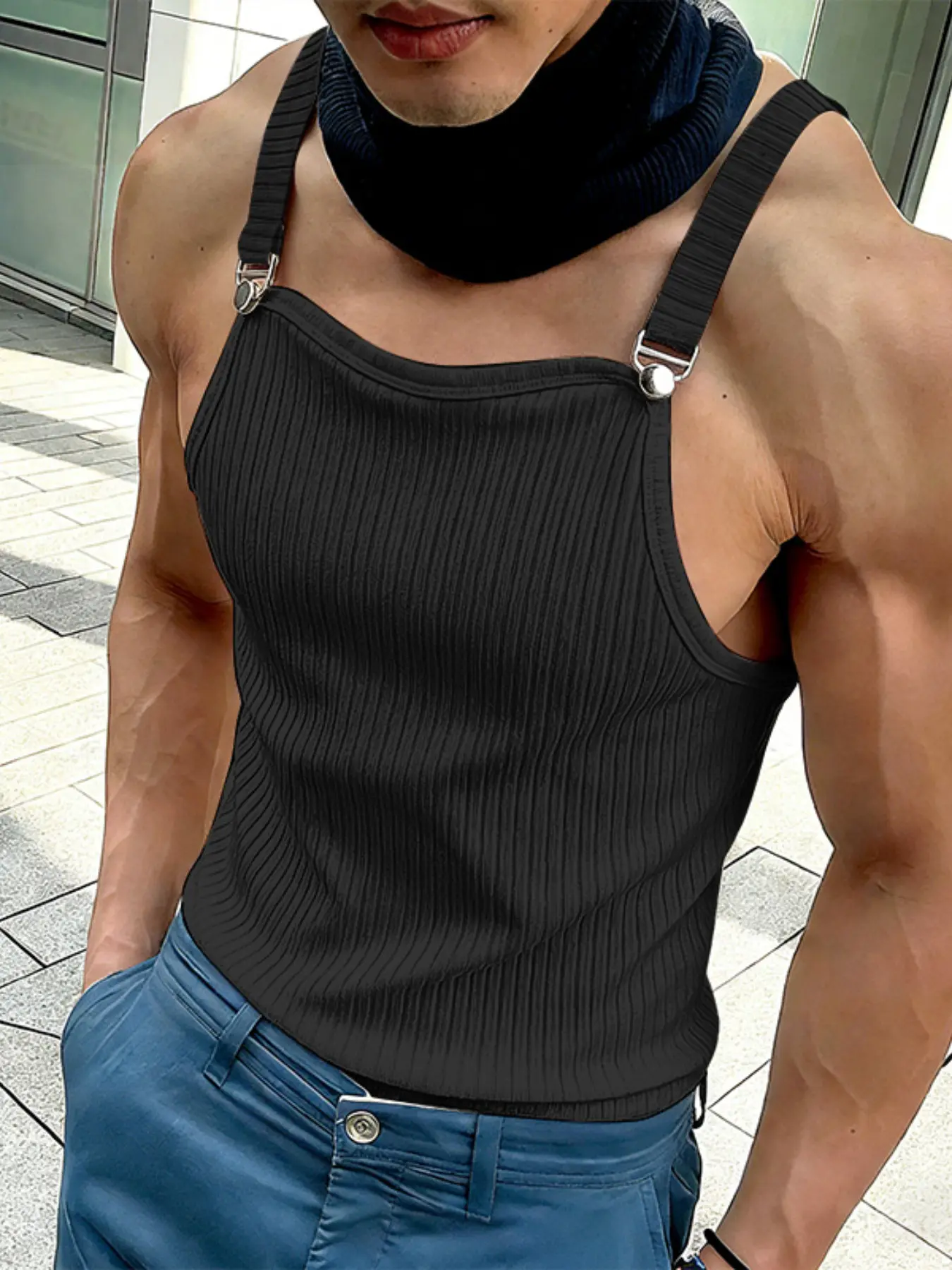 INCERUN  Men's Fashion Slim Fit Vest, Pure Color Knitted Belted Tank , Casual For Daily Wear