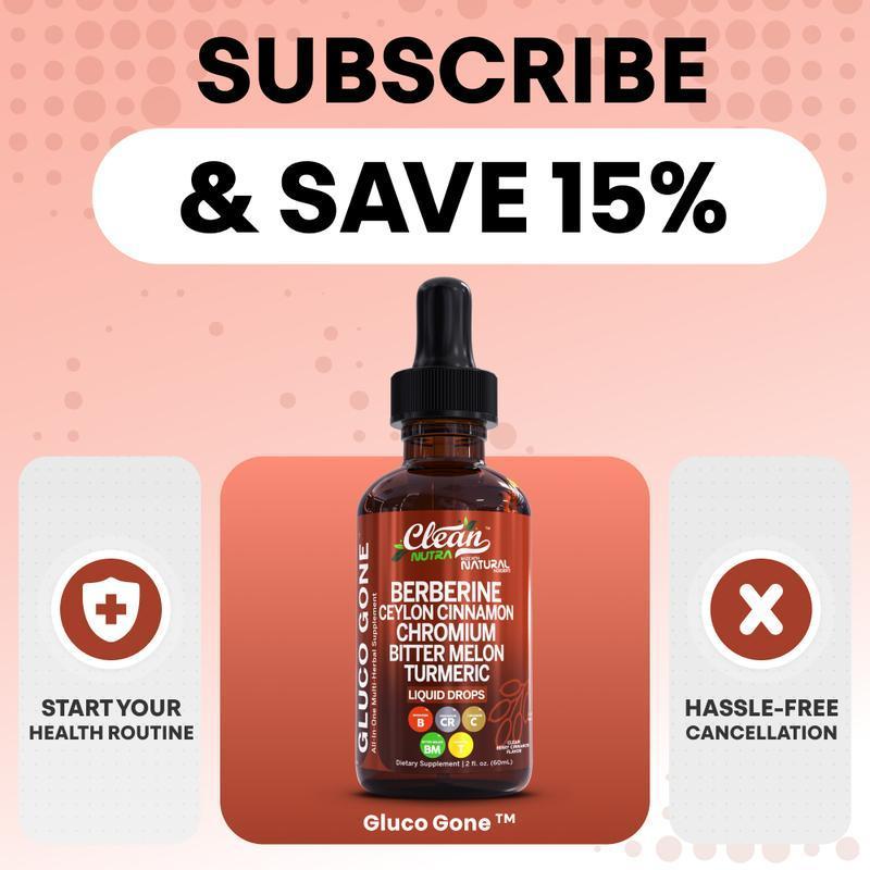 Gluco Gone Organic Ceylon Cinnamon Berberine LiquidDrops Supplement with Bitter Melon Extract GlucomannanGymnema Chromium Turmeric Organic Panax Ginseng