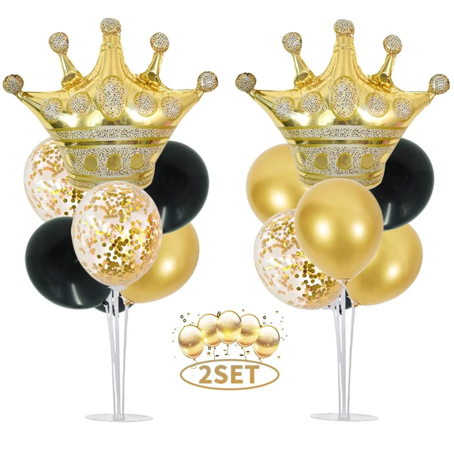 2 Set Table Centerpiece Balloons Stand Kit Include 14 Black Gold Latex Confetti Balloons And 2 Foil Crown Balloon For Birthday 2023 Graduation Anniversary Halloween Party Decorations