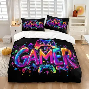 Gamepad print comforter set, including comforter set and 1/2 coreless pillowcase, “GAMER” lettering, full of sense of technology and visual impact, is to show off the gaming style of the bedroom bedding gifts, soft and cozy bedding set