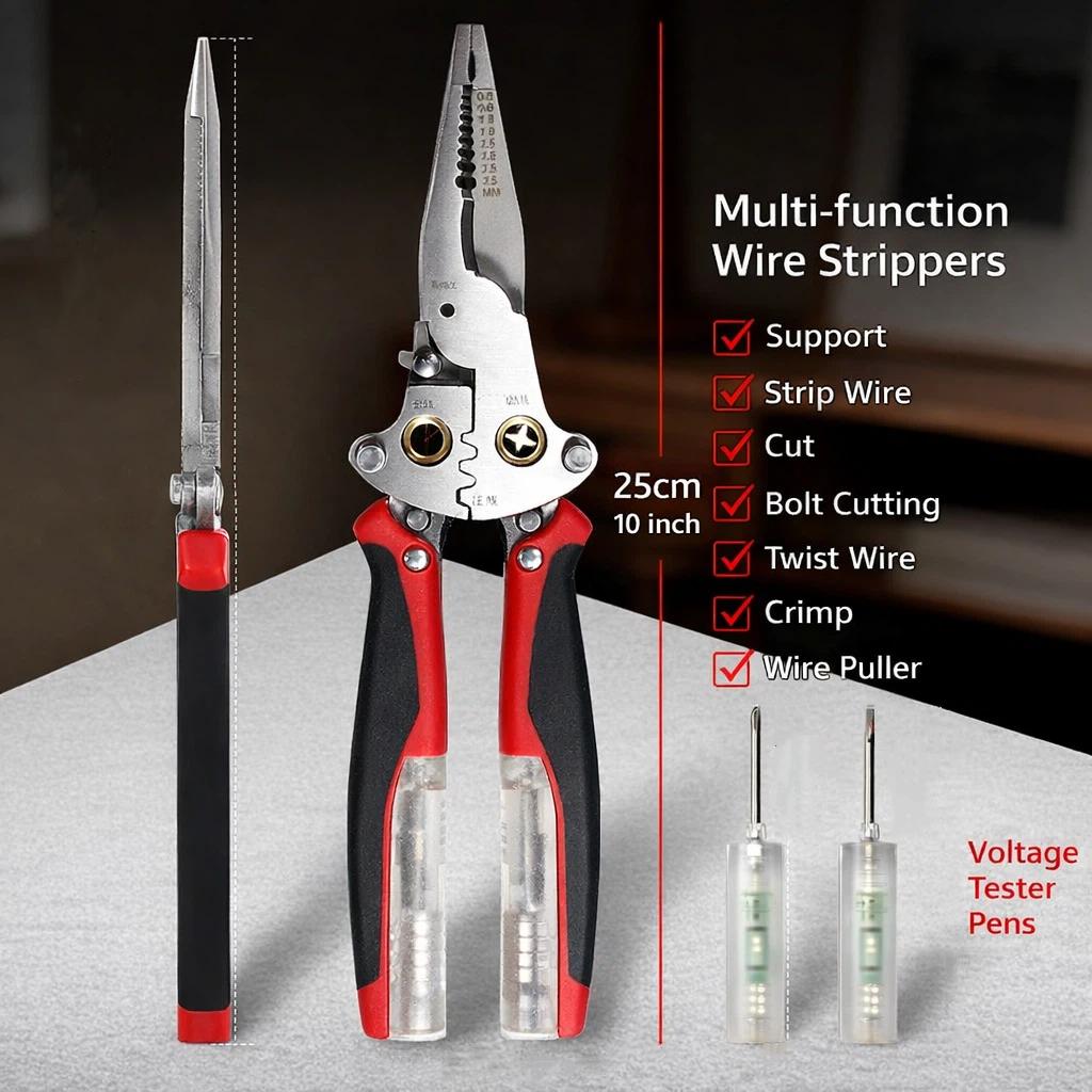 16-in-1 Multifunction Wire Stripping Tool with Voltage Tester, Foldable Wire Cutter & Crimper, Electrician Hand Tool with 2 Detachable Test Pens