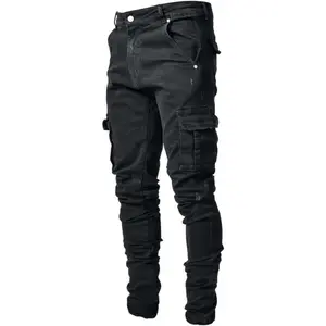 Men's Stretchy Denim Pants - Slim-Fitting Distressed Skinny Jeans, Natural Plain Cotton-Spandex Blend, Deep Pockets, Loose Hem, All-Season, Comfortable for Casual & Streetwear